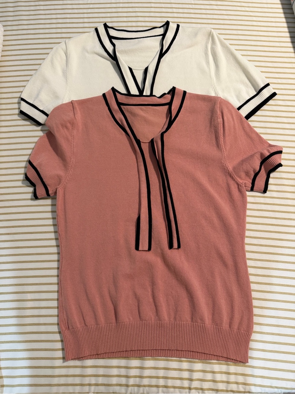 2 Women's Short-Sleeve Tie-Neck Sweater - Rose Pink and Ivory